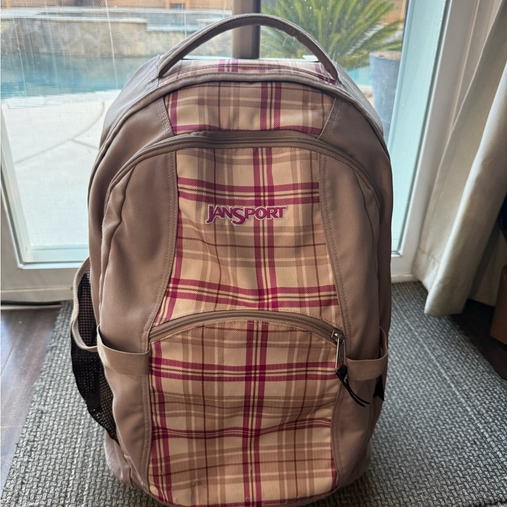 Jansport Plaid Backpack - Beige and Magenta